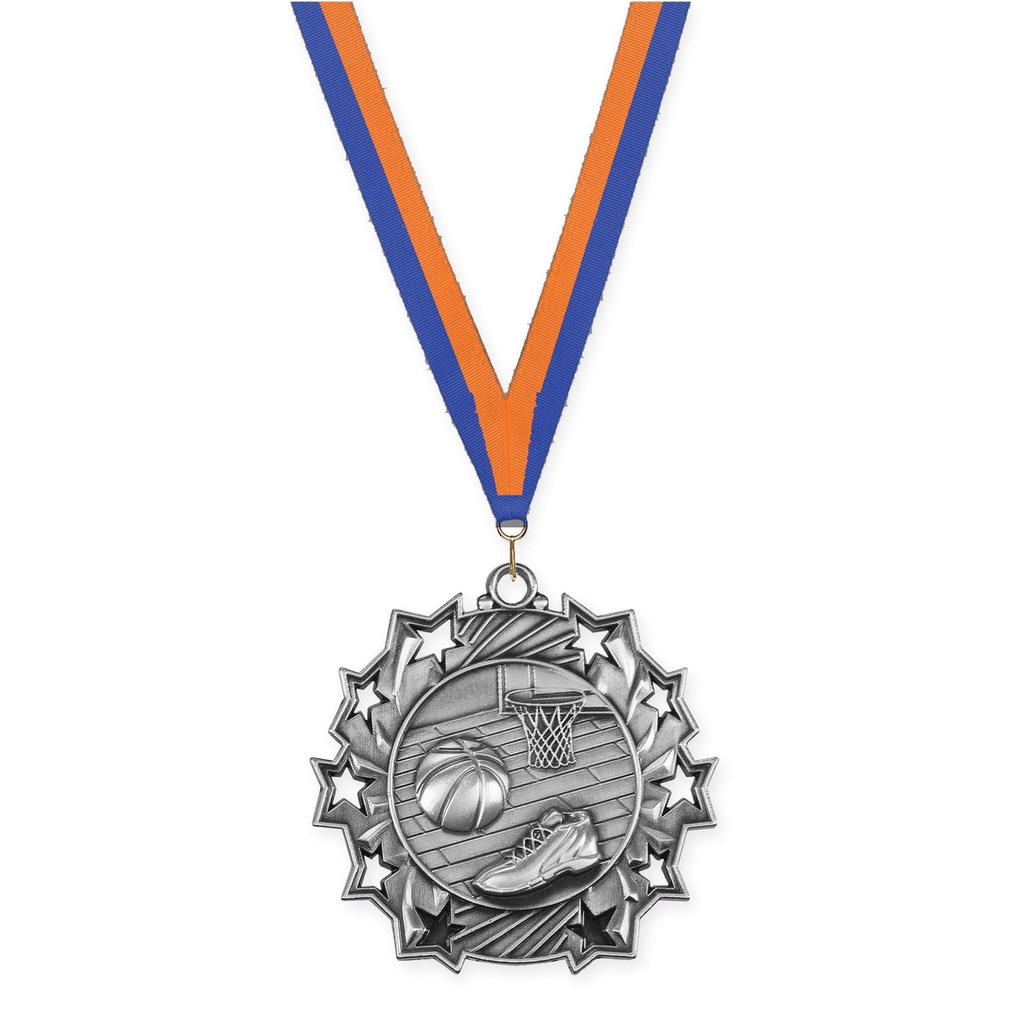 2 1/4 inch basketball Ten Star medal in antique silver with Blue Orange neck ribbon