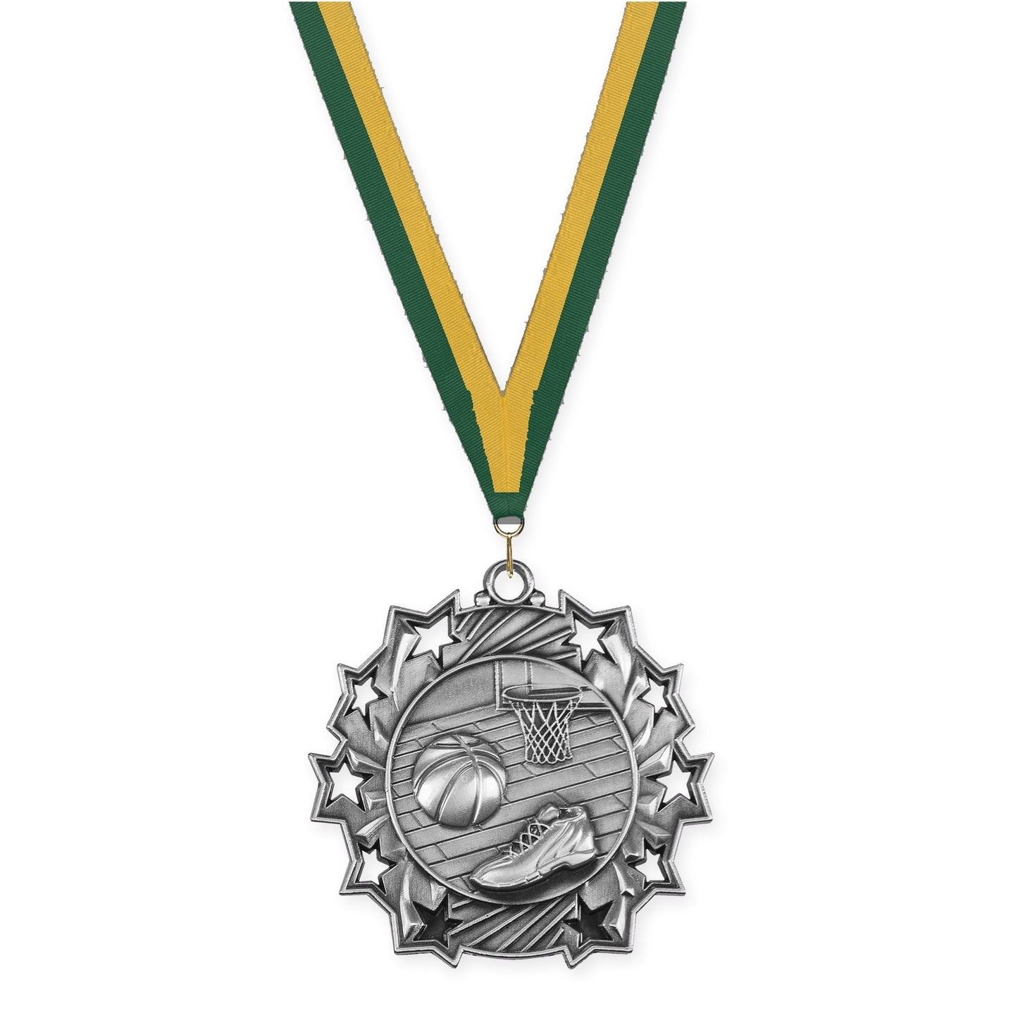 2 1/4 inch basketball Ten Star medal in antique silver with Hunter Green Gold neck ribbon