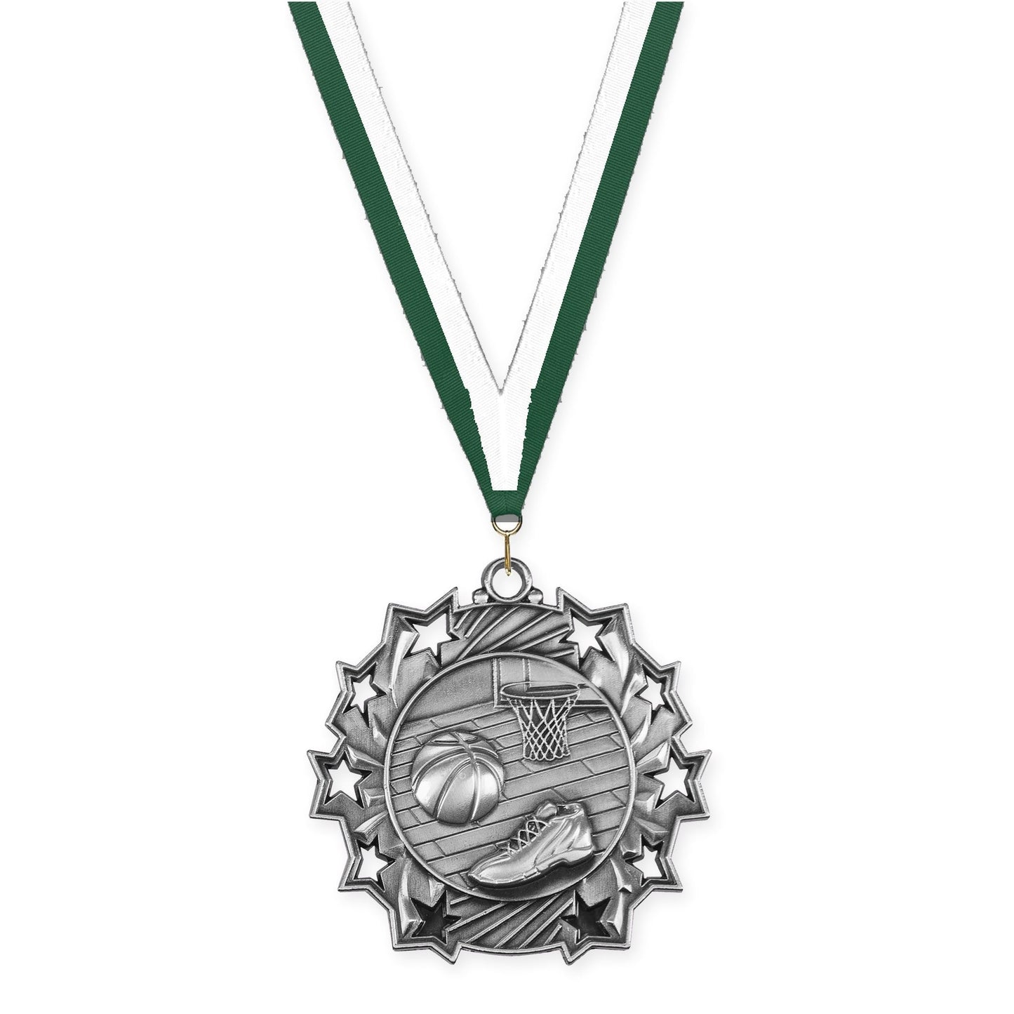 2 1/4 inch basketball Ten Star medal in antique silver with Hunter Green White neck ribbon