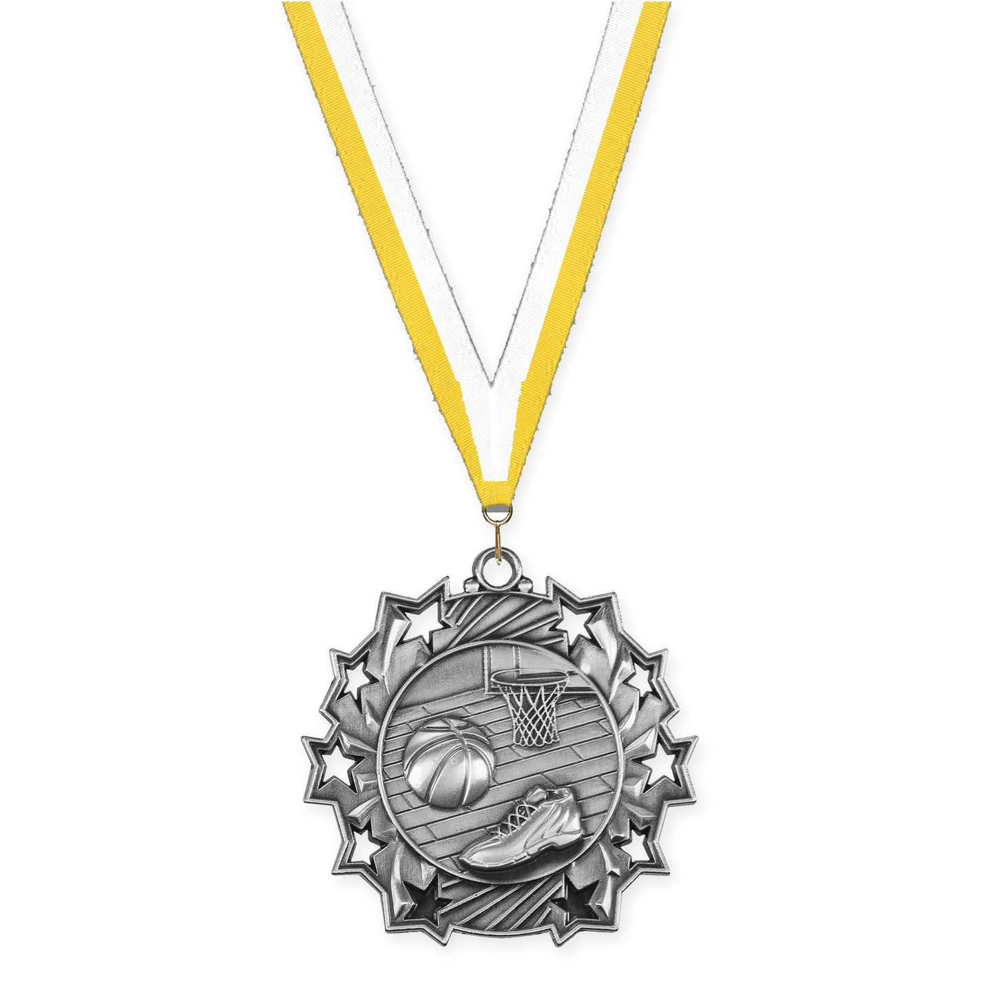 2 1/4 inch basketball Ten Star medal in antique silver with Yellow White neck ribbon