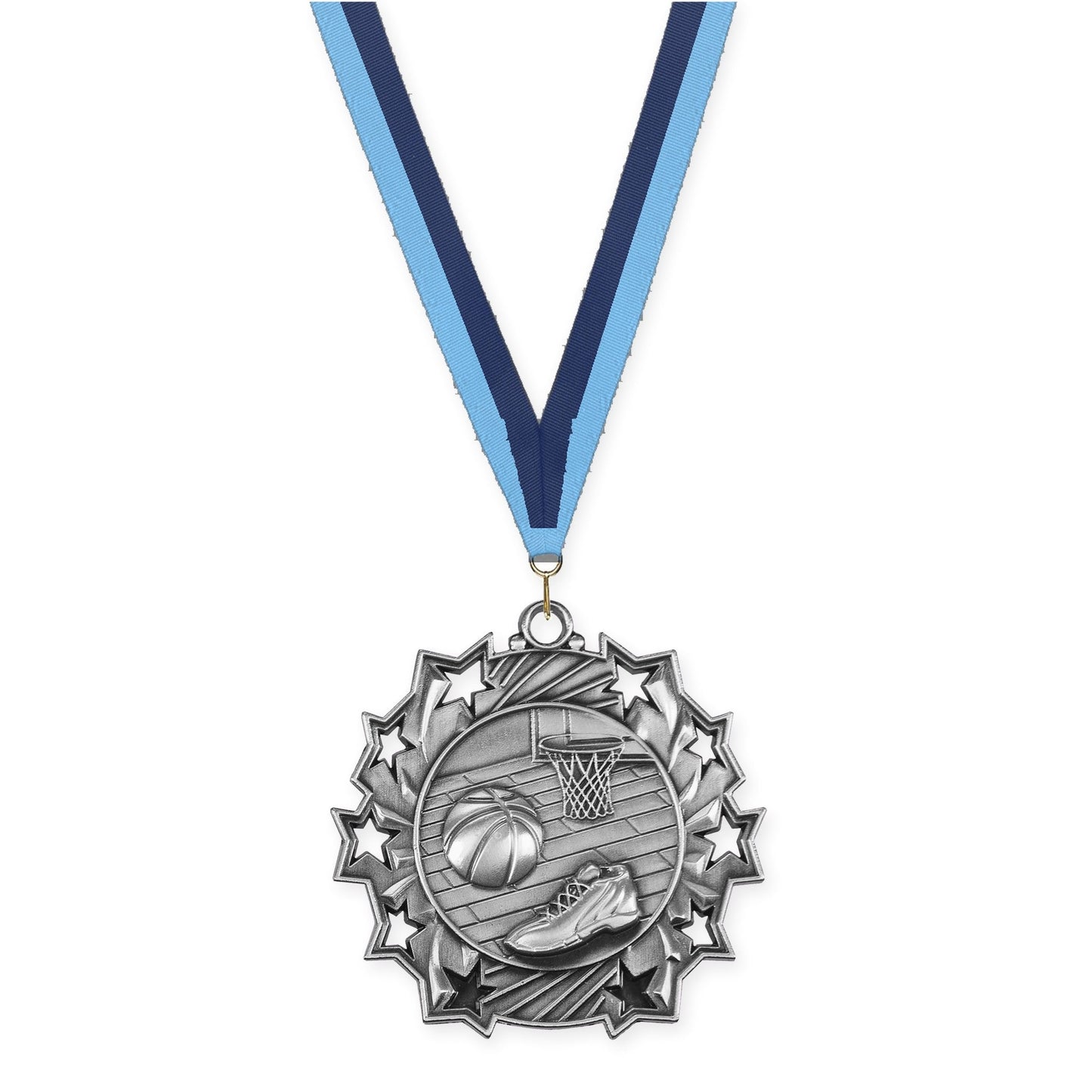 2 1/4 inch basketball Ten Star medal in antique silver with Light Blue Navy neck ribbon