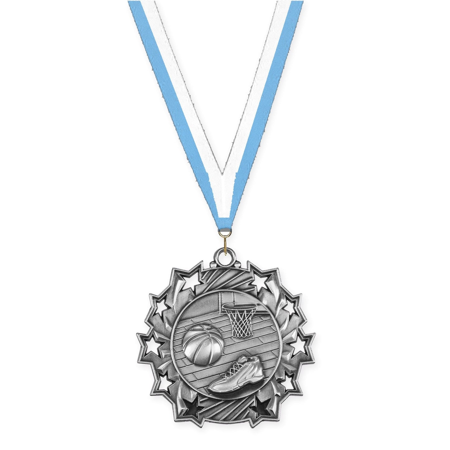 2 1/4 inch basketball Ten Star medal in antique silver with Light Blue White neck ribbon