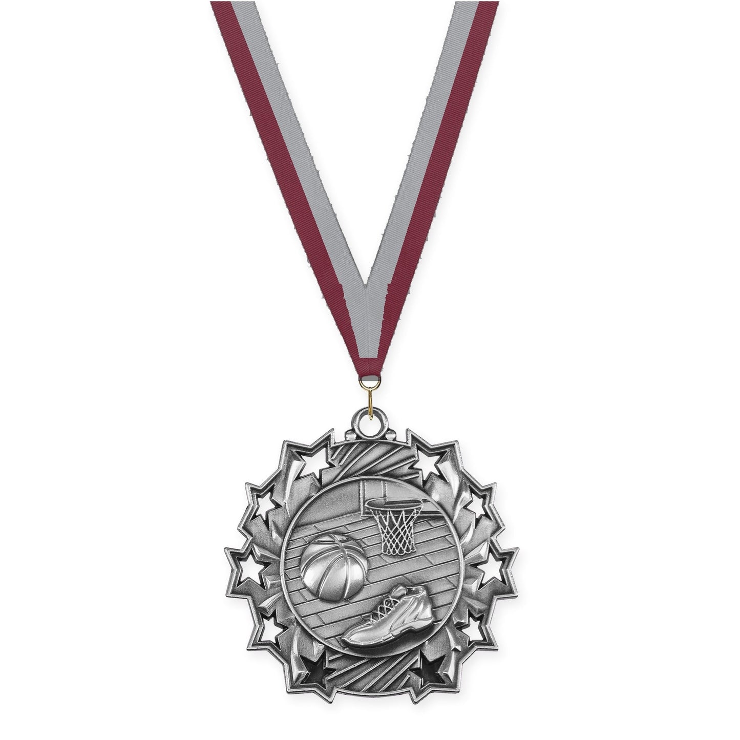 2 1/4 inch basketball Ten Star medal in antique silver with Maroon Gray neck ribbon