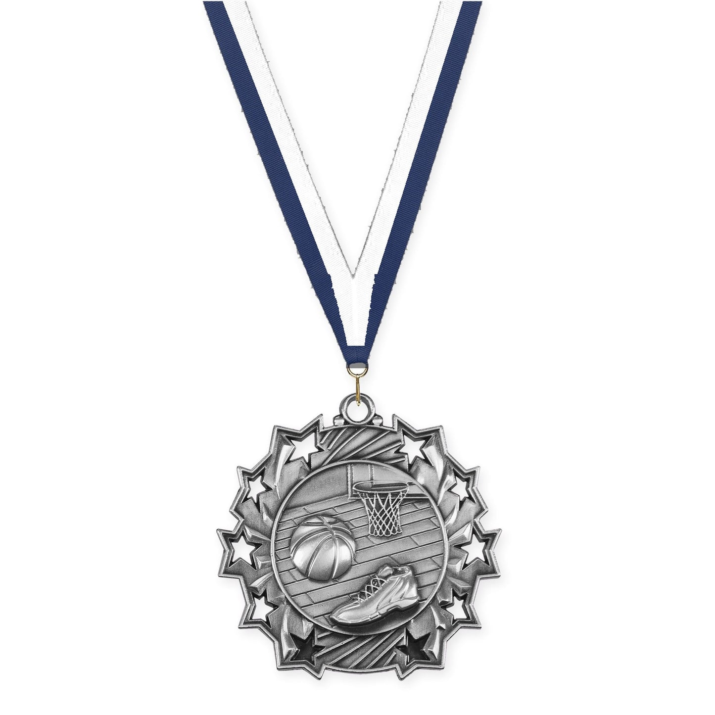 2 1/4 inch basketball Ten Star medal in antique silver with Navy White neck ribbon