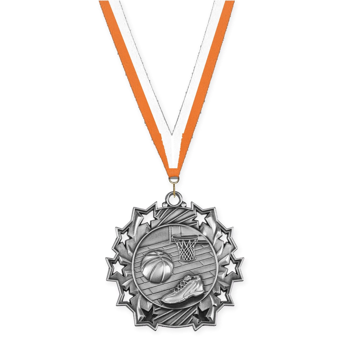 2 1/4 inch basketball Ten Star medal in antique silver with Orange White neck ribbon