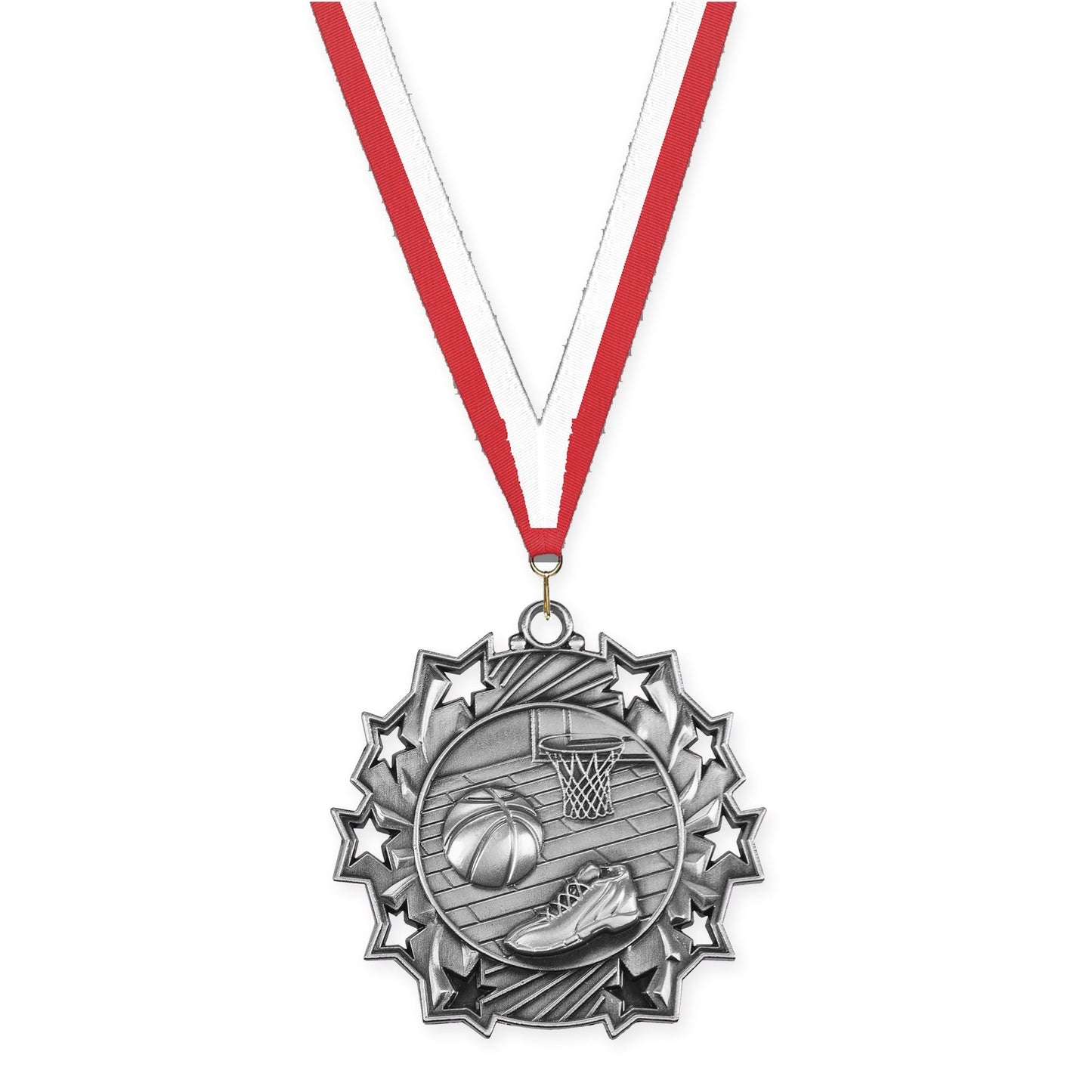 2 1/4 inch basketball Ten Star medal in antique silver with Red White neck ribbon