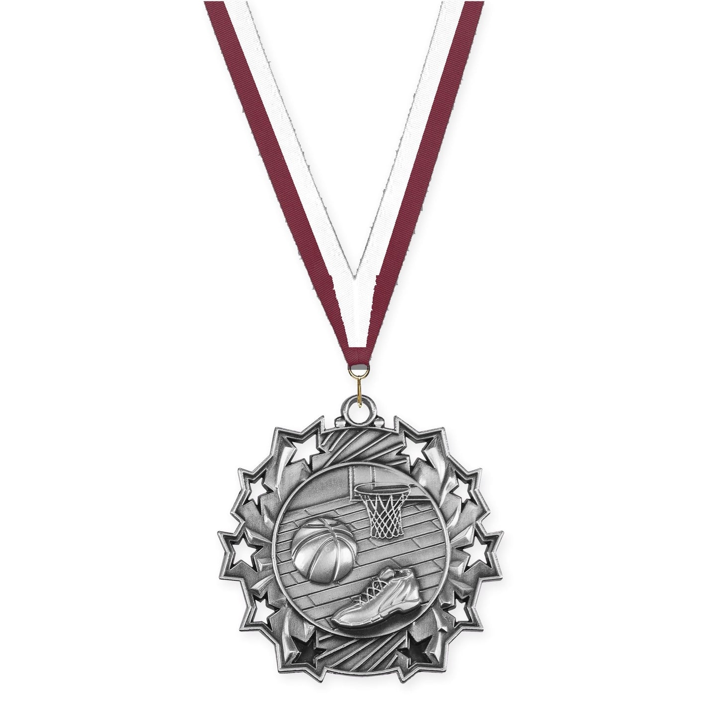 2 1/4 inch basketball Ten Star medal in antique silver with Maroon White neck ribbon