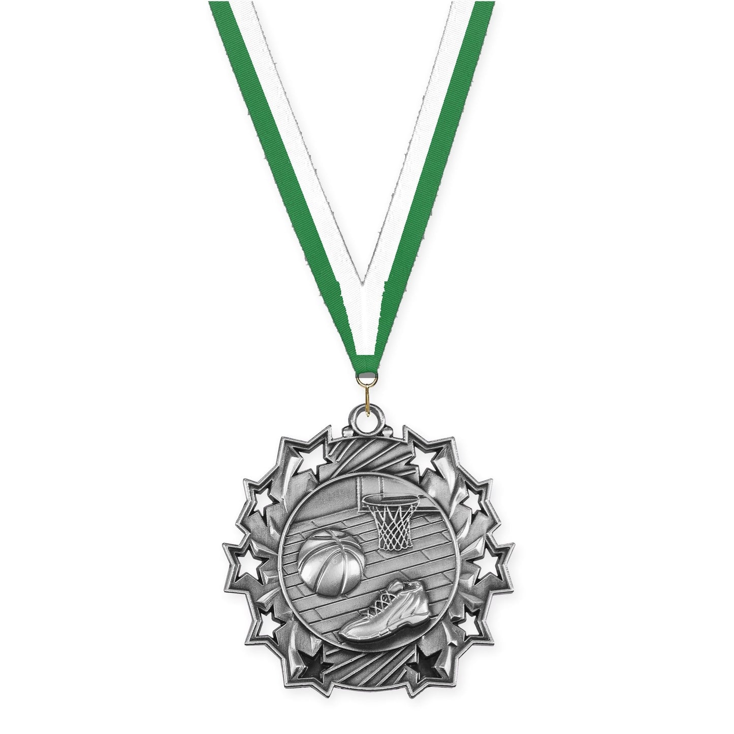 2 1/4 inch basketball Ten Star medal in antique silver with Green White neck ribbon
