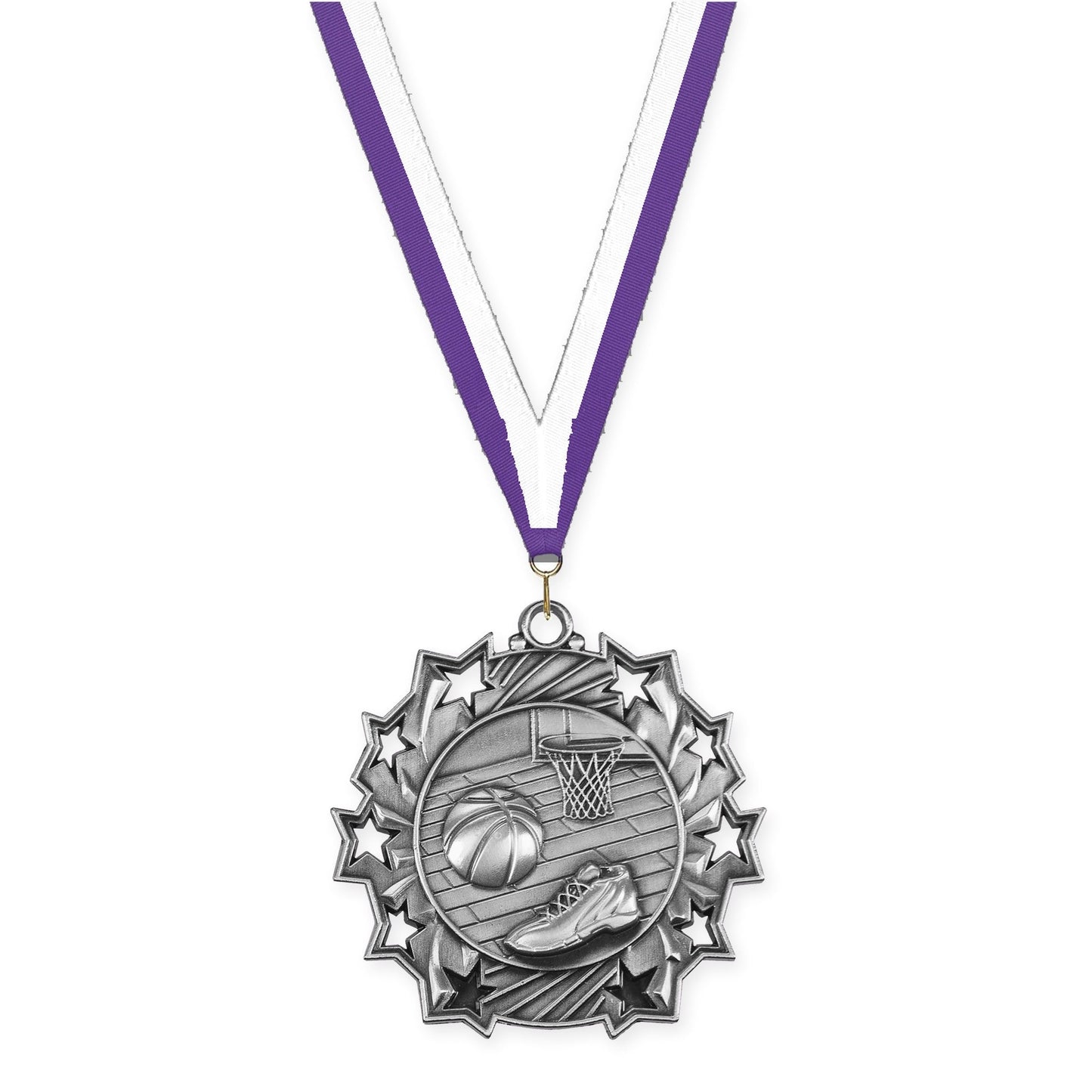 2 1/4 inch basketball Ten Star medal in antique silver with Purple White neck ribbon
