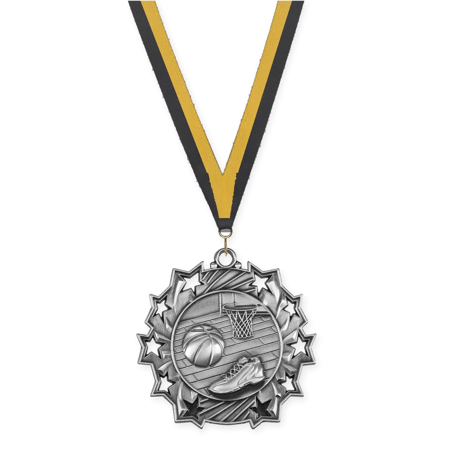 2 1/4 inch basketball Ten Star medal in antique silver with Black Gold neck ribbon