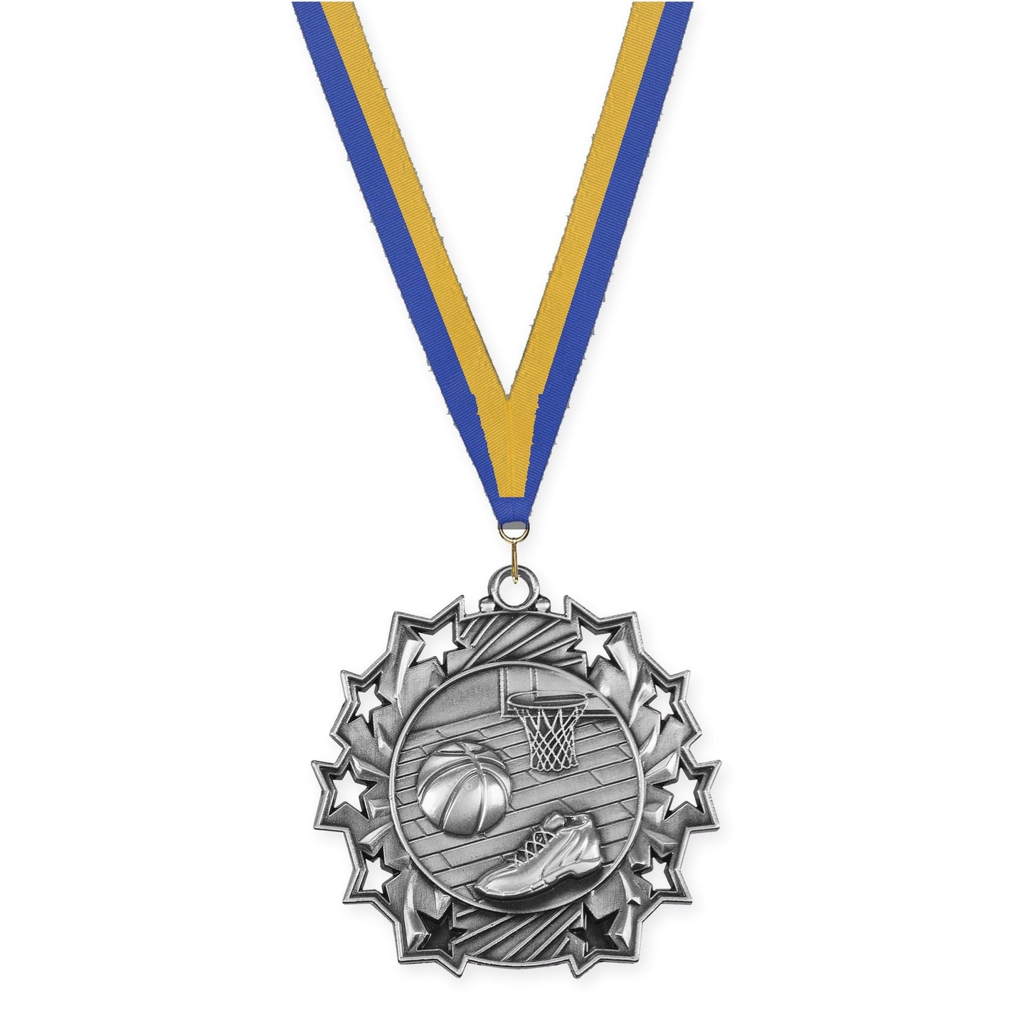 2 1/4 inch basketball Ten Star medal in antique silver with Blue Gold neck ribbon
