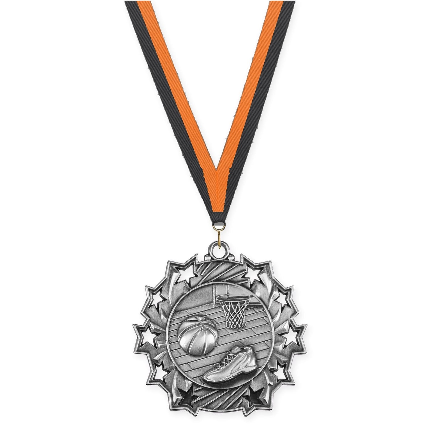 2 1/4 inch basketball Ten Star medal in antique silver with Black Orange neck ribbon