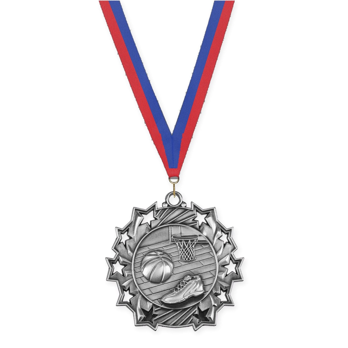 2 1/4 inch basketball Ten Star medal in antique silver with Blue Red neck ribbon