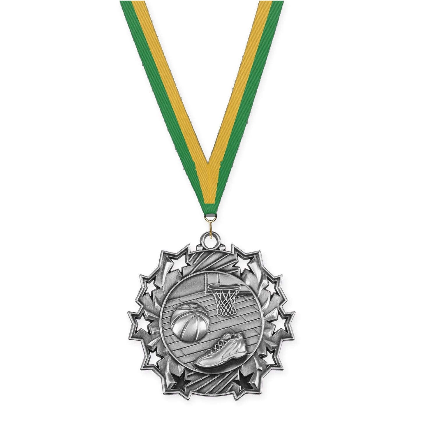 2 1/4 inch basketball Ten Star medal in antique silver with Green Gold neck ribbon