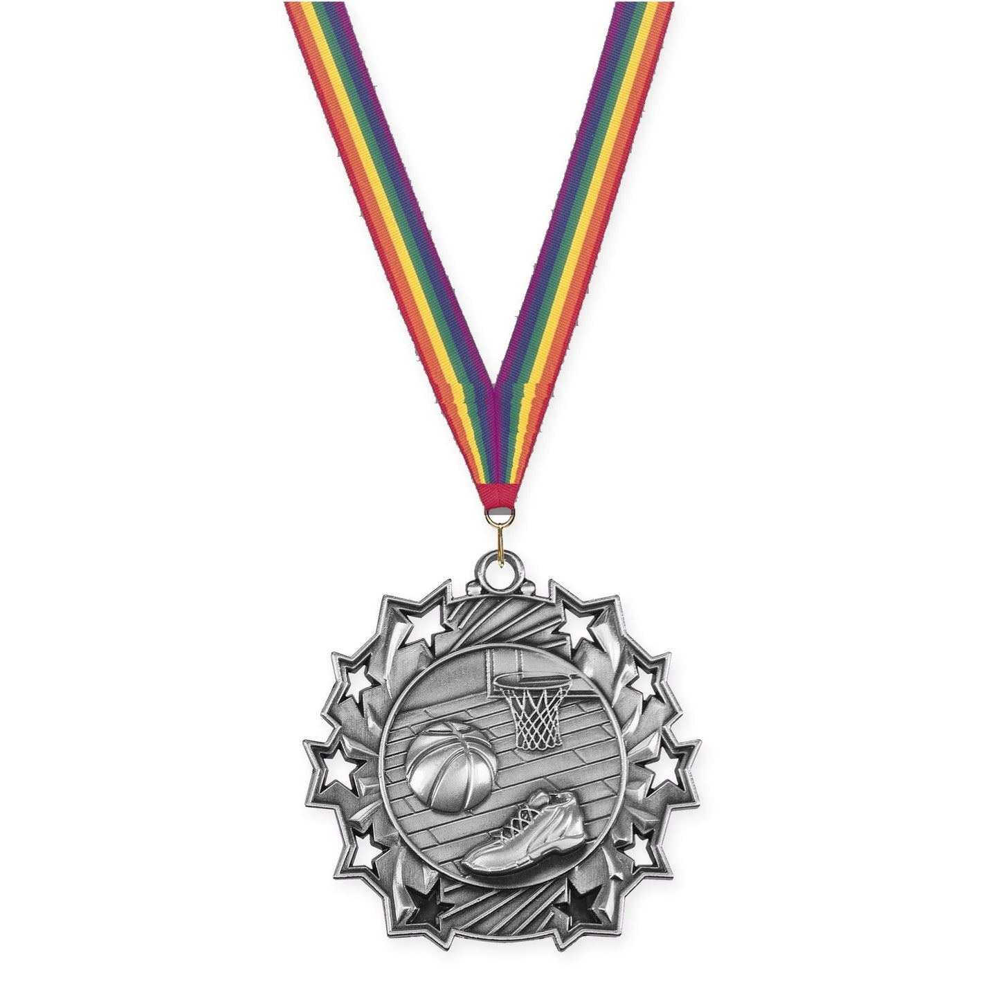 2 1/4 inch basketball Ten Star medal in antique silver with Rainbow neck ribbon