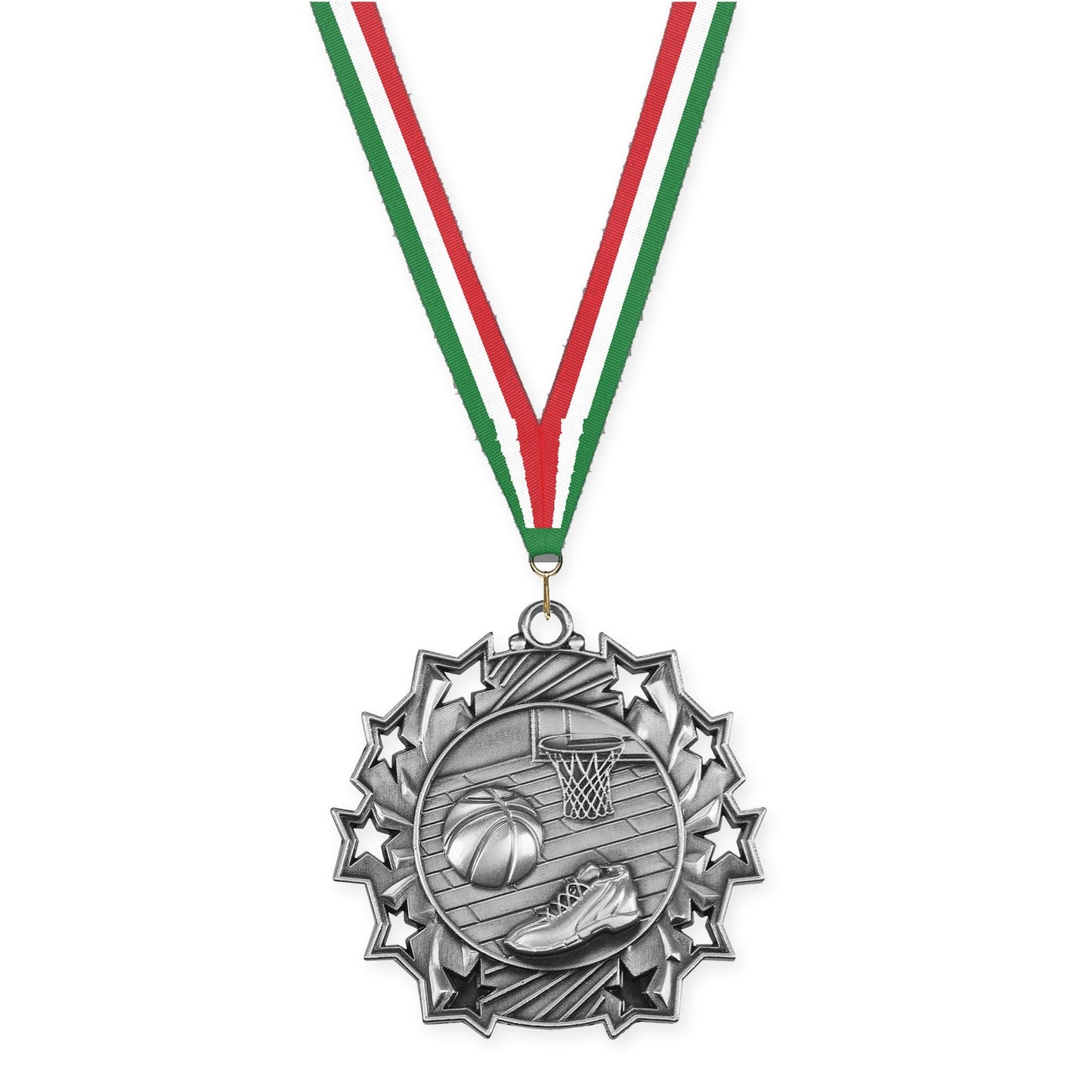 2 1/4 inch basketball Ten Star medal in antique silver with Green White Red neck ribbon