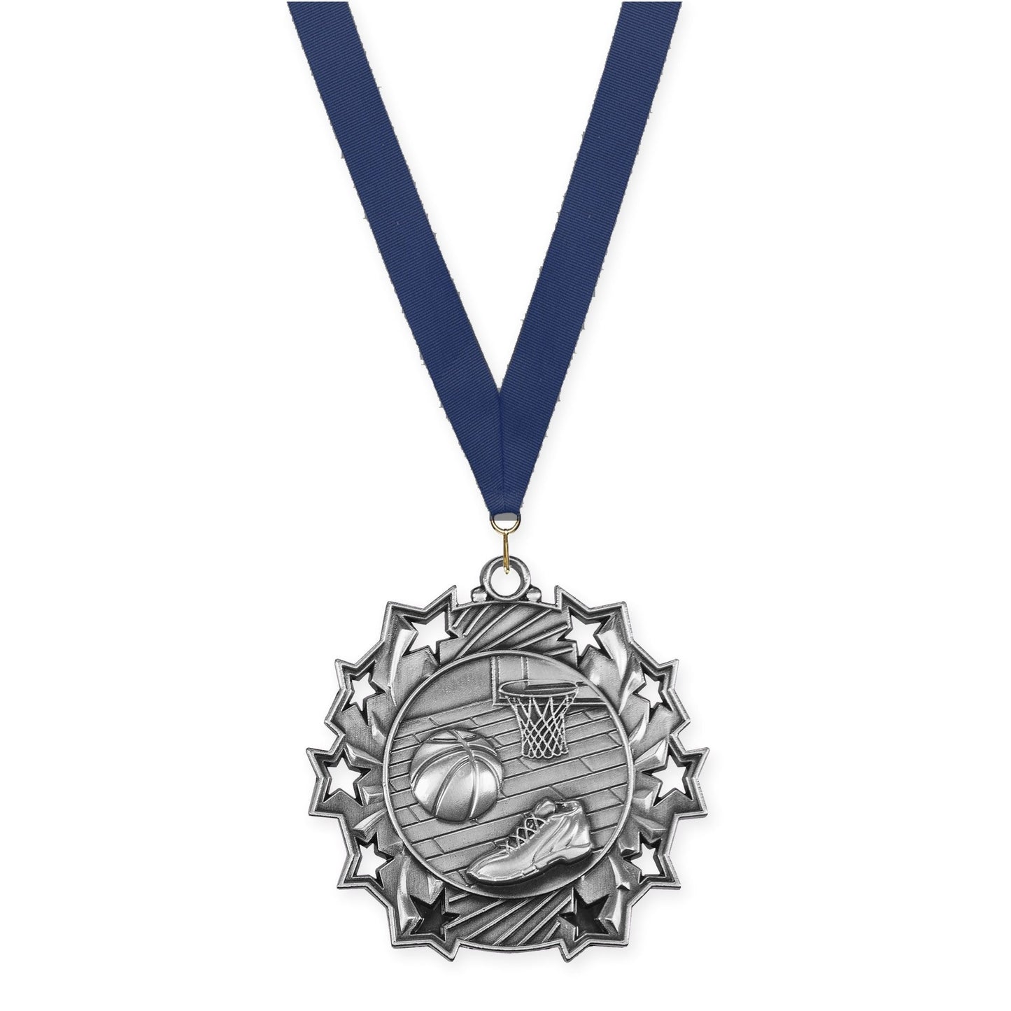 2 1/4 inch basketball Ten Star medal in antique silver with Navy neck ribbon