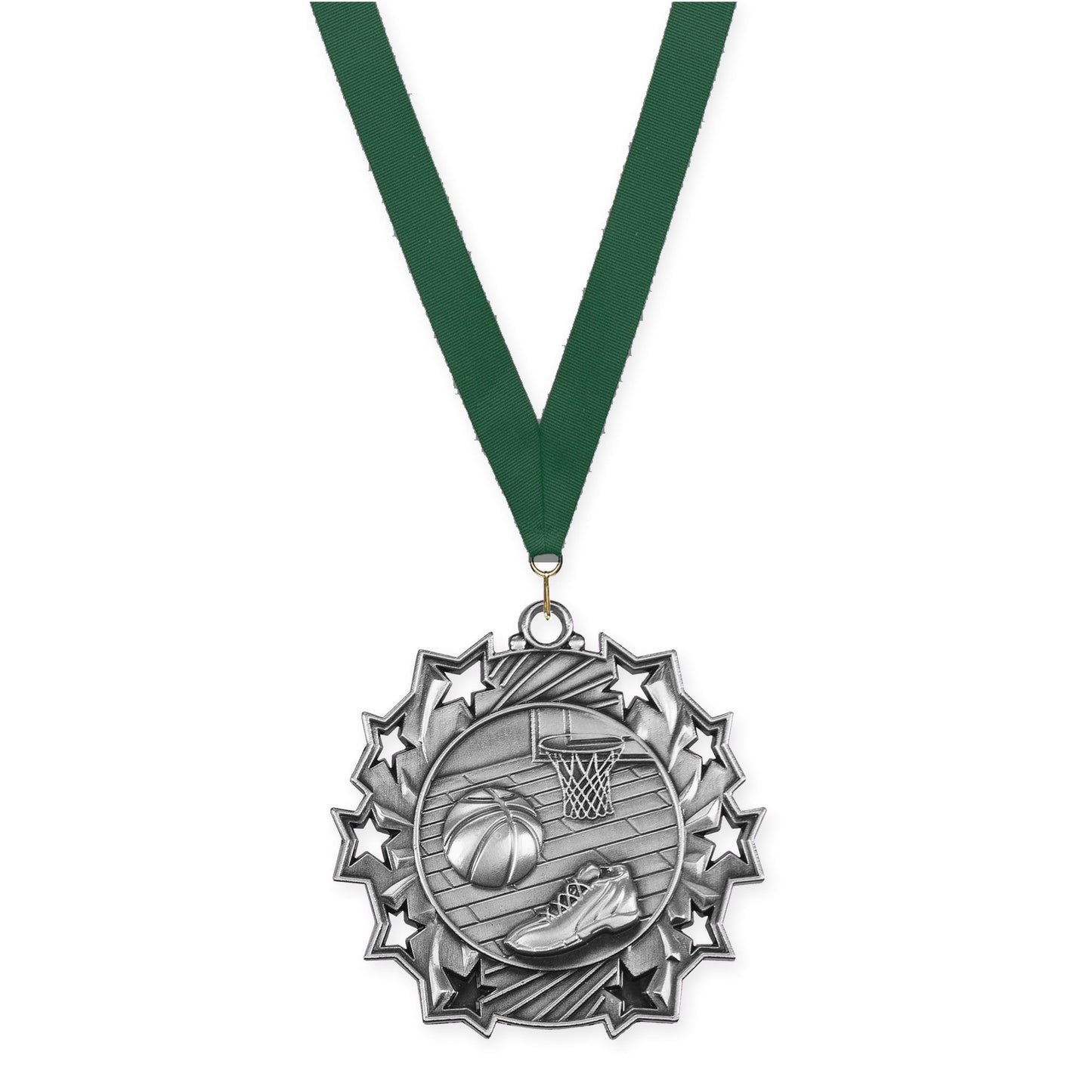 2 1/4 inch basketball Ten Star medal in antique silver with Hunter Green neck ribbon