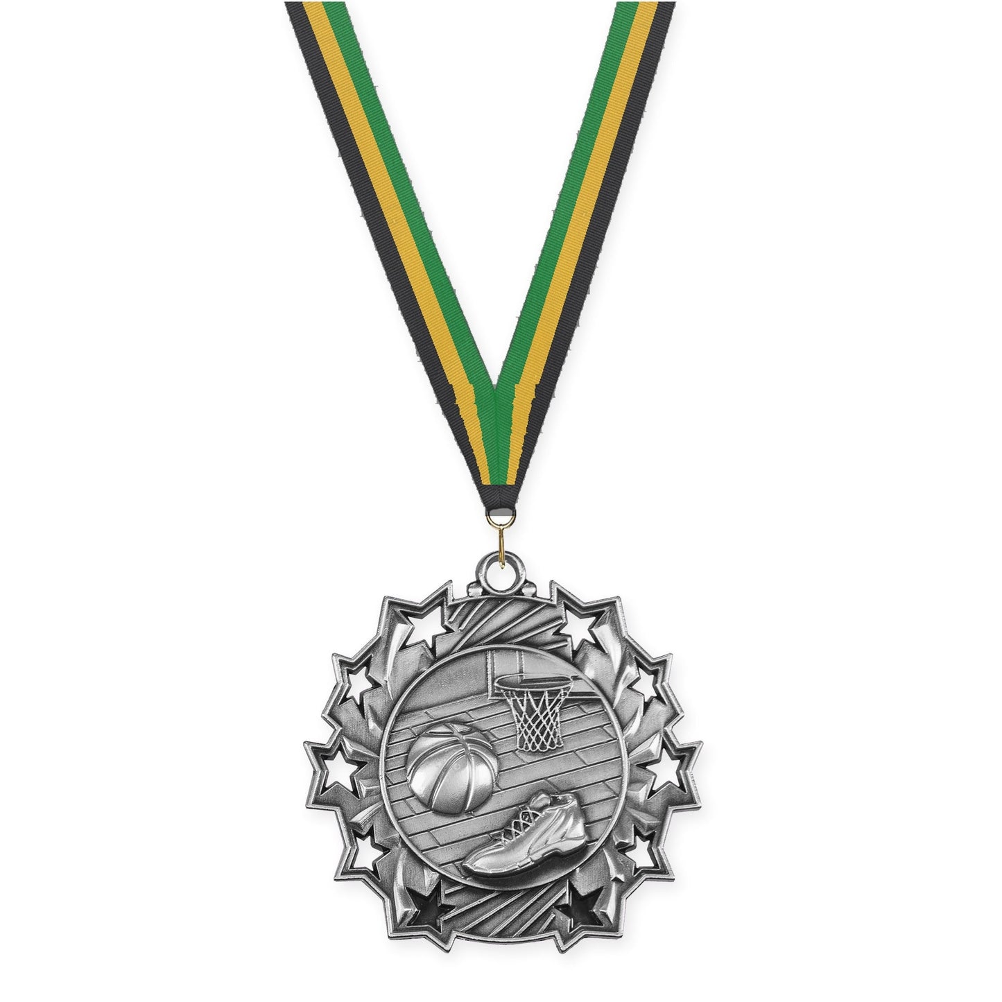 2 1/4 inch basketball Ten Star medal in antique silver with Black Gold Green neck ribbon