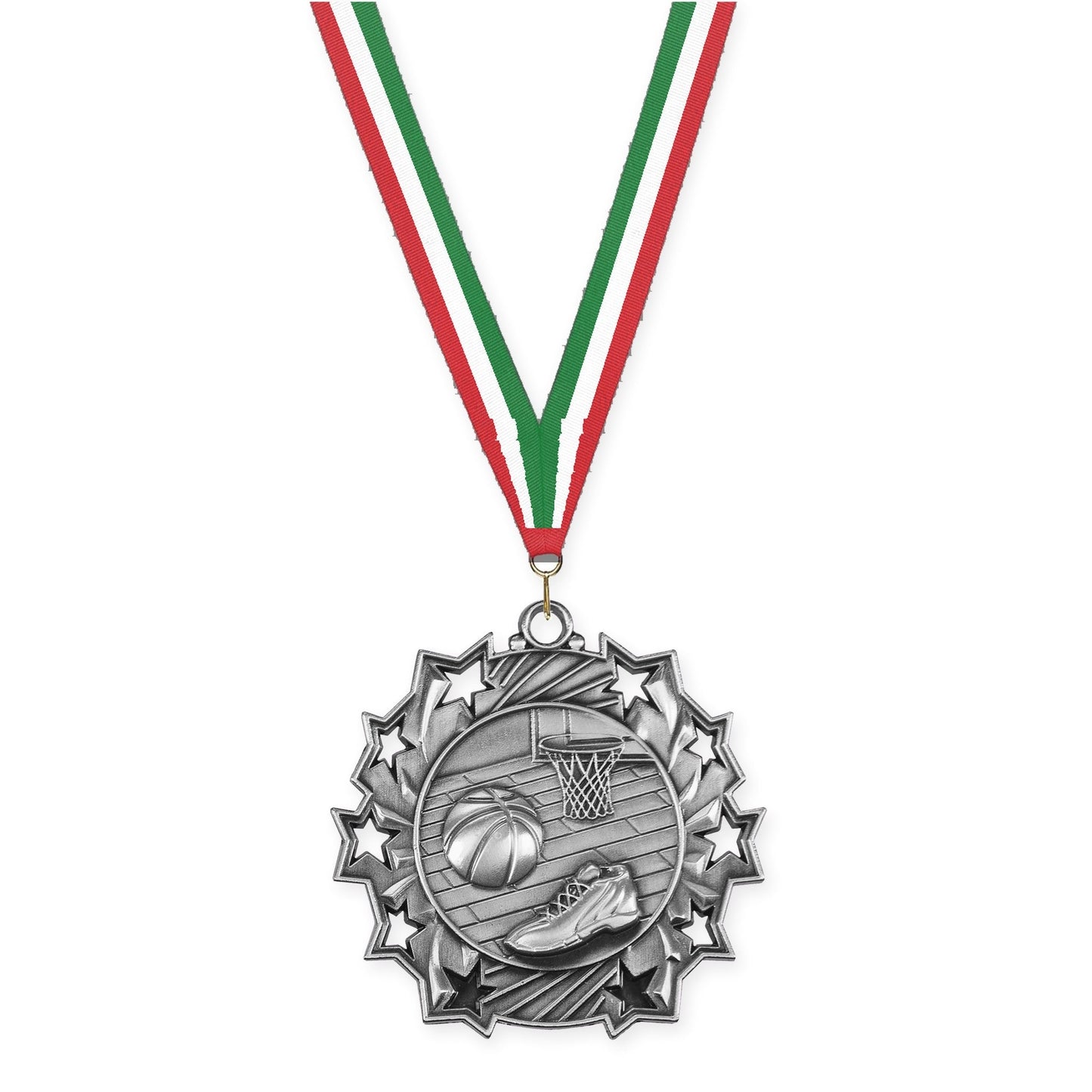 2 1/4 inch basketball Ten Star medal in antique silver with Red White Green neck ribbon