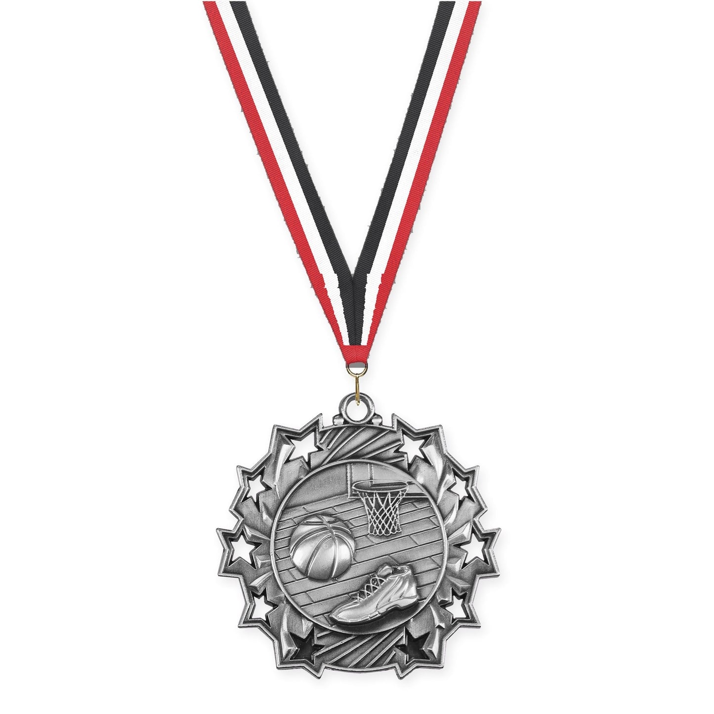 2 1/4 inch basketball Ten Star medal in antique silver with Red White Black neck ribbon