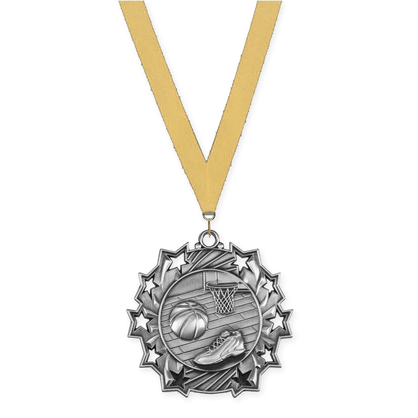 2 1/4 inch basketball Ten Star medal in antique silver with Gold Metallic neck ribbon