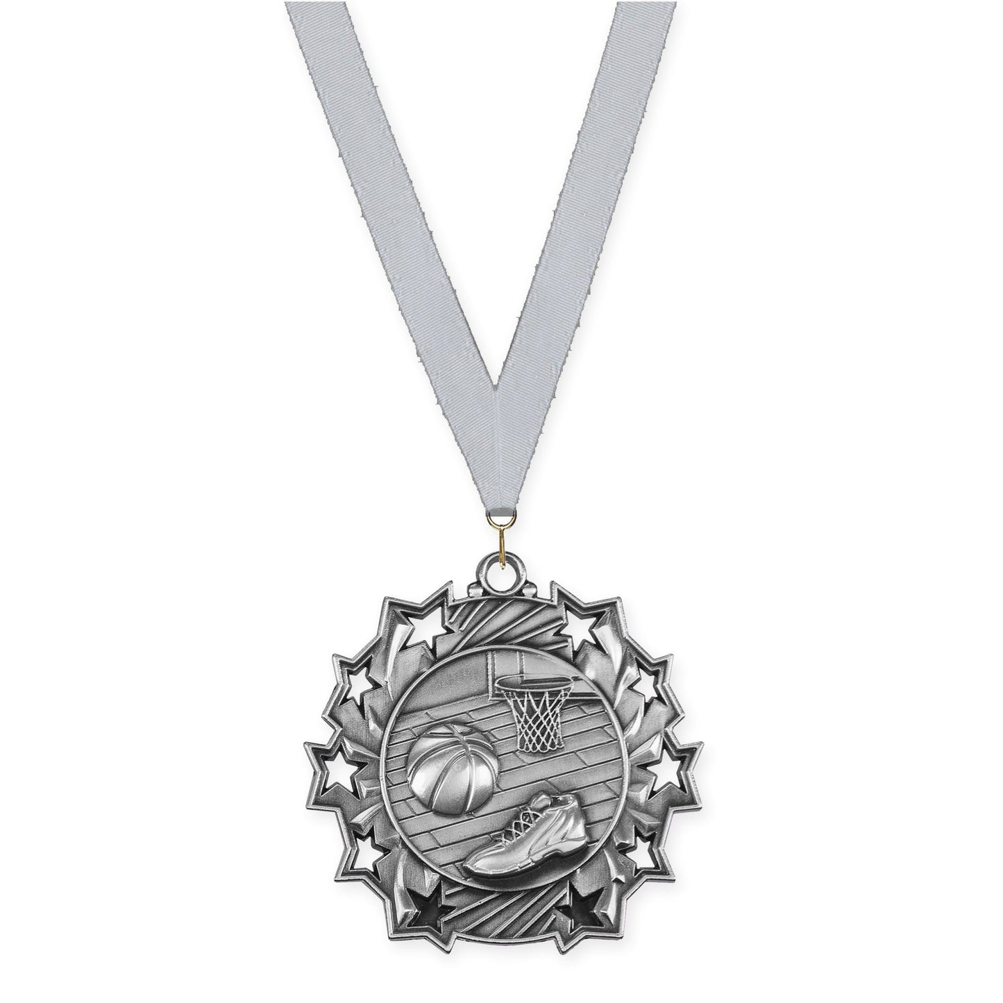 2 1/4 inch basketball Ten Star medal in antique silver with Silver Metallic neck ribbon