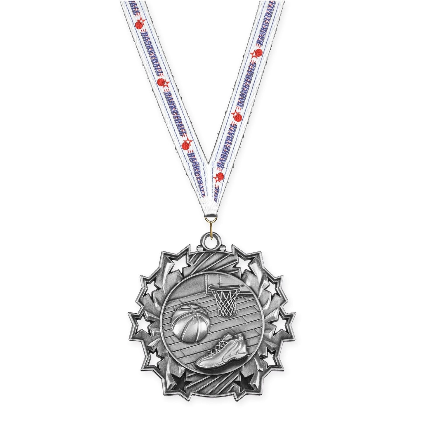 2 1/4 inch basketball Ten Star medal in antique silver with Basketball neck ribbon