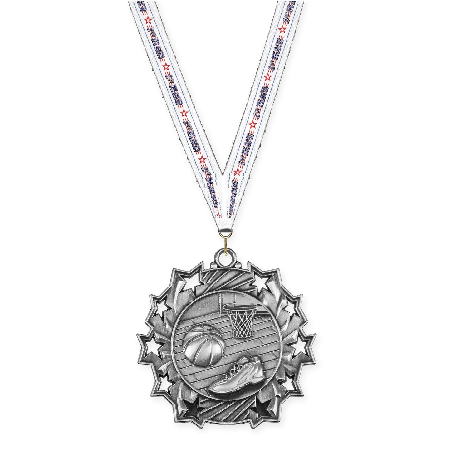 2 1/4 inch basketball Ten Star medal in antique silver with 1st Place neck ribbon