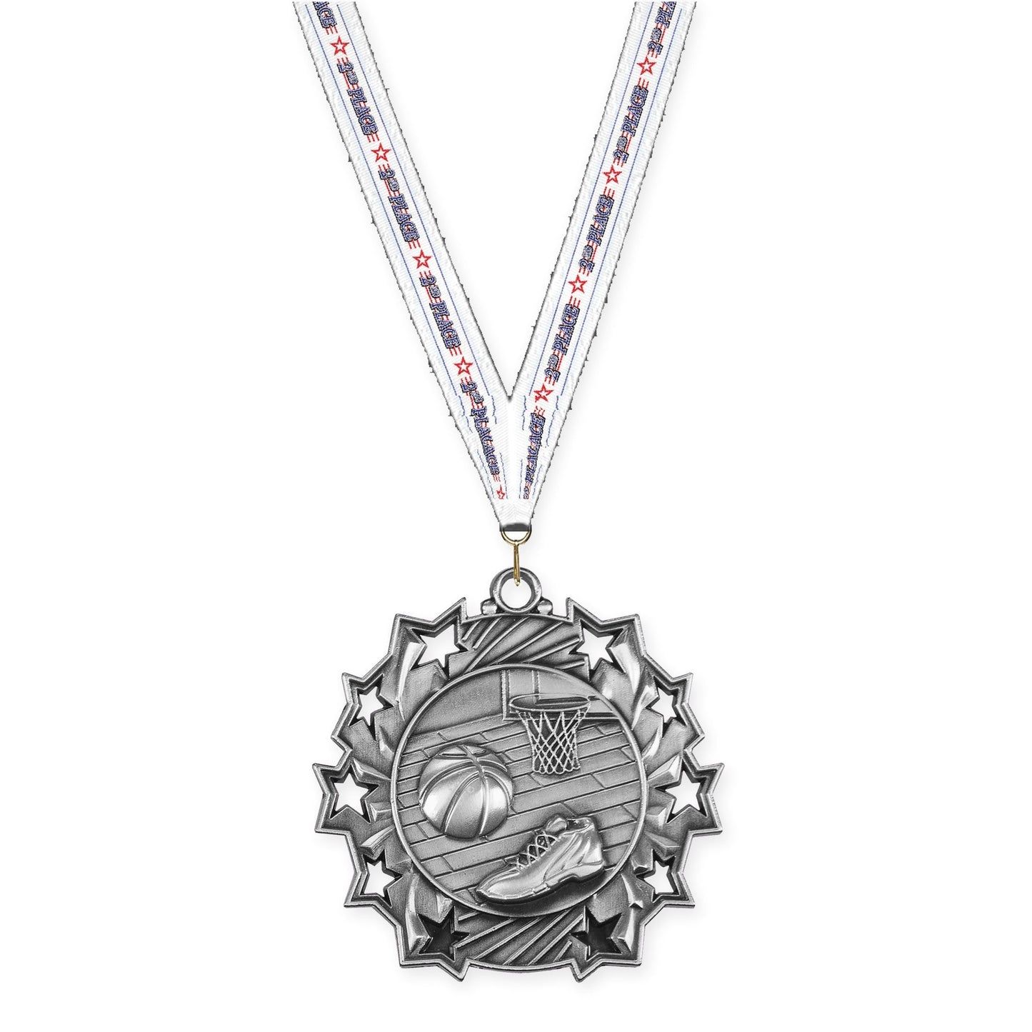 2 1/4 inch basketball Ten Star medal in antique silver with 2nd Place neck ribbon