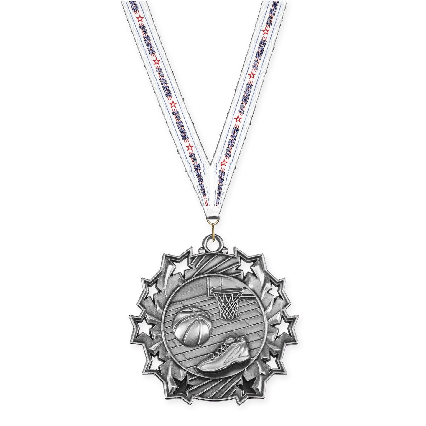 2 1/4 inch basketball Ten Star medal in antique silver with 3rd Place neck ribbon