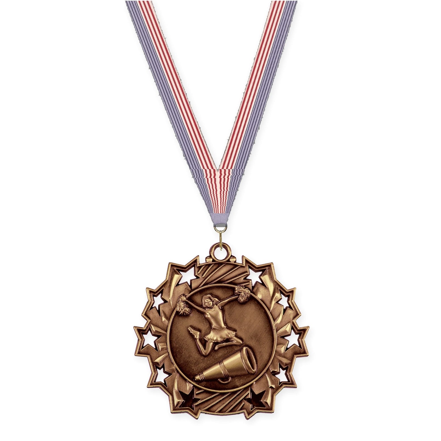 2 1/4 inch cheerleading Ten Star medal in antique bronze with USA Flag neck ribbon