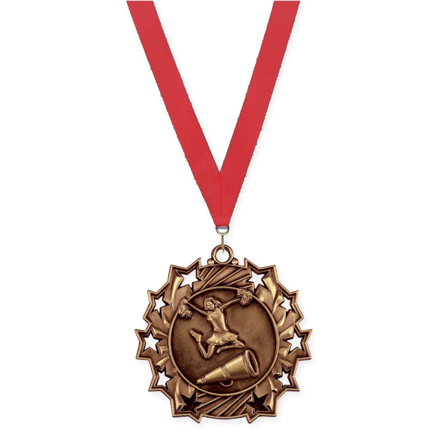 2 1/4 inch cheerleading Ten Star medal in antique bronze with Red neck ribbon
