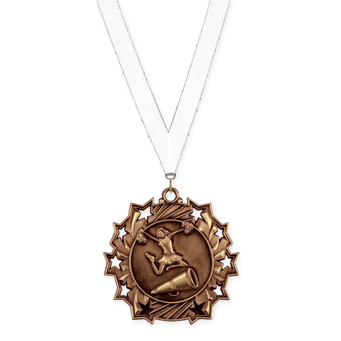 2 1/4 inch cheerleading Ten Star medal in antique bronze with White neck ribbon
