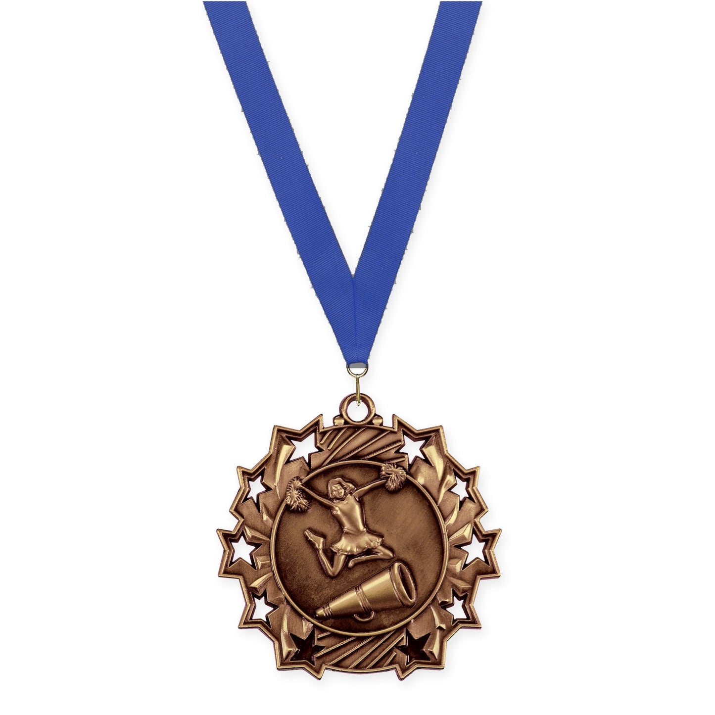 2 1/4 inch cheerleading Ten Star medal in antique bronze with Blue neck ribbon