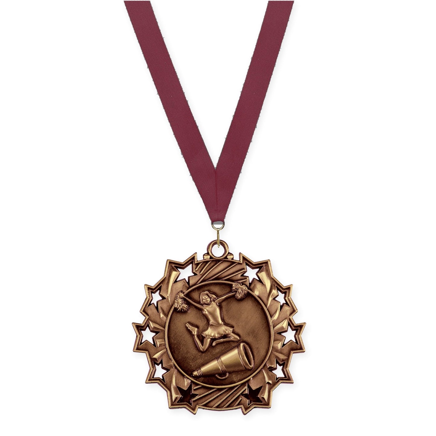 2 1/4 inch cheerleading Ten Star medal in antique bronze with Maroon neck ribbon