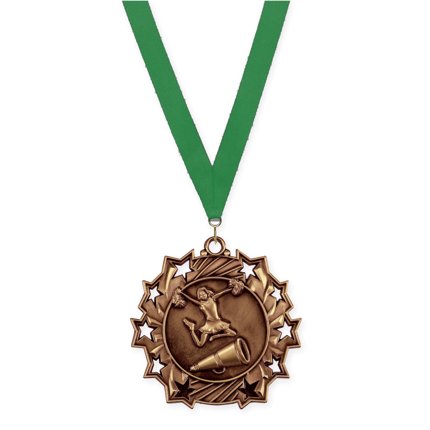2 1/4 inch cheerleading Ten Star medal in antique bronze with Green neck ribbon