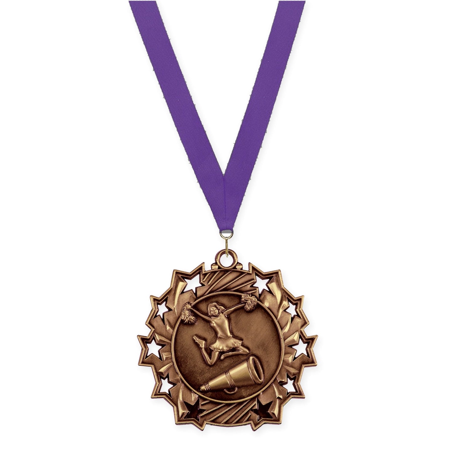 2 1/4 inch cheerleading Ten Star medal in antique bronze with Purple neck ribbon
