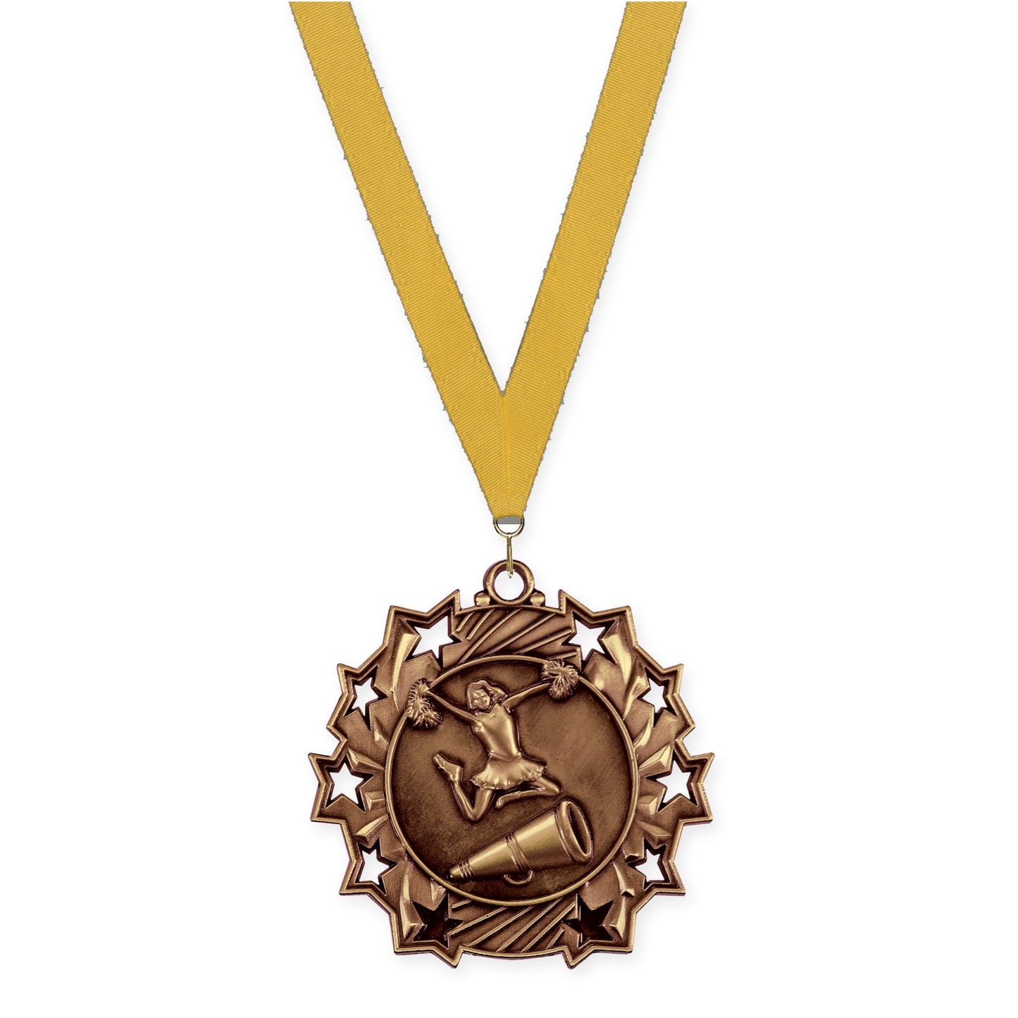 2 1/4 inch cheerleading Ten Star medal in antique bronze with Gold neck ribbon