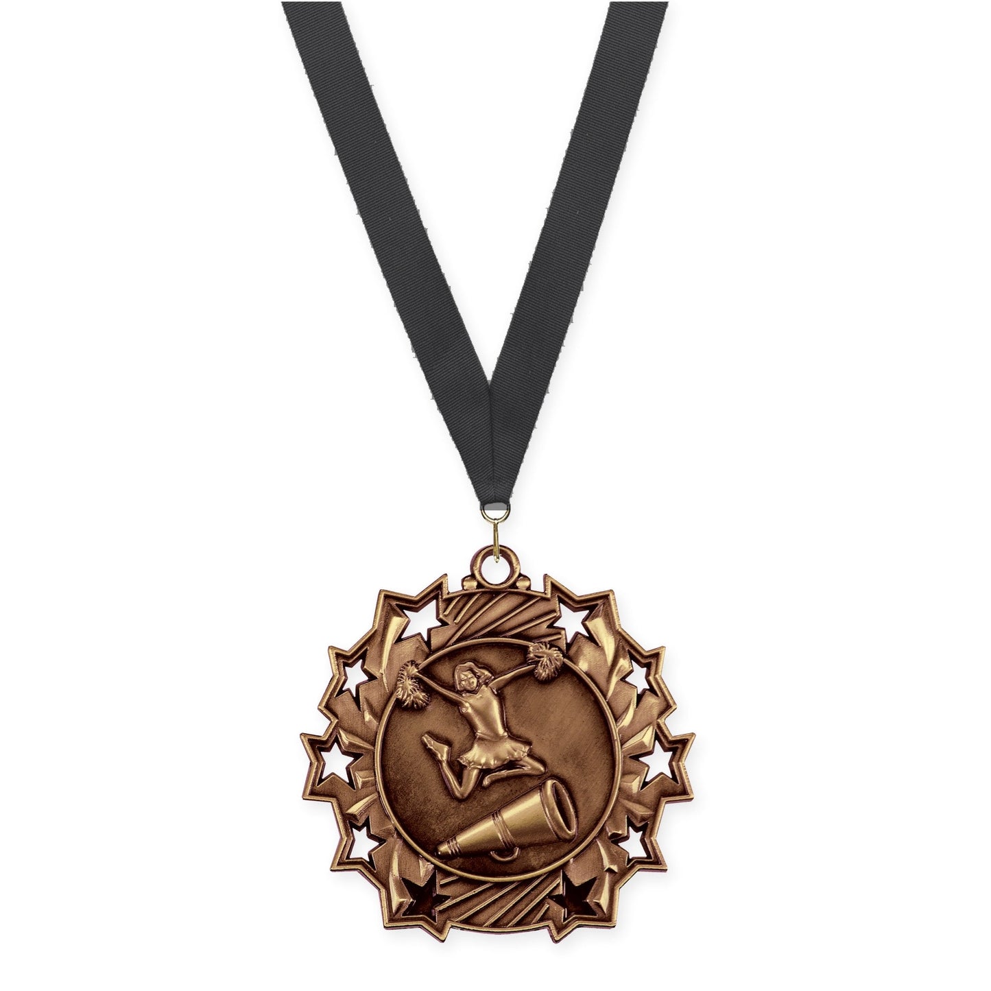 2 1/4 inch cheerleading Ten Star medal in antique bronze with Black neck ribbon