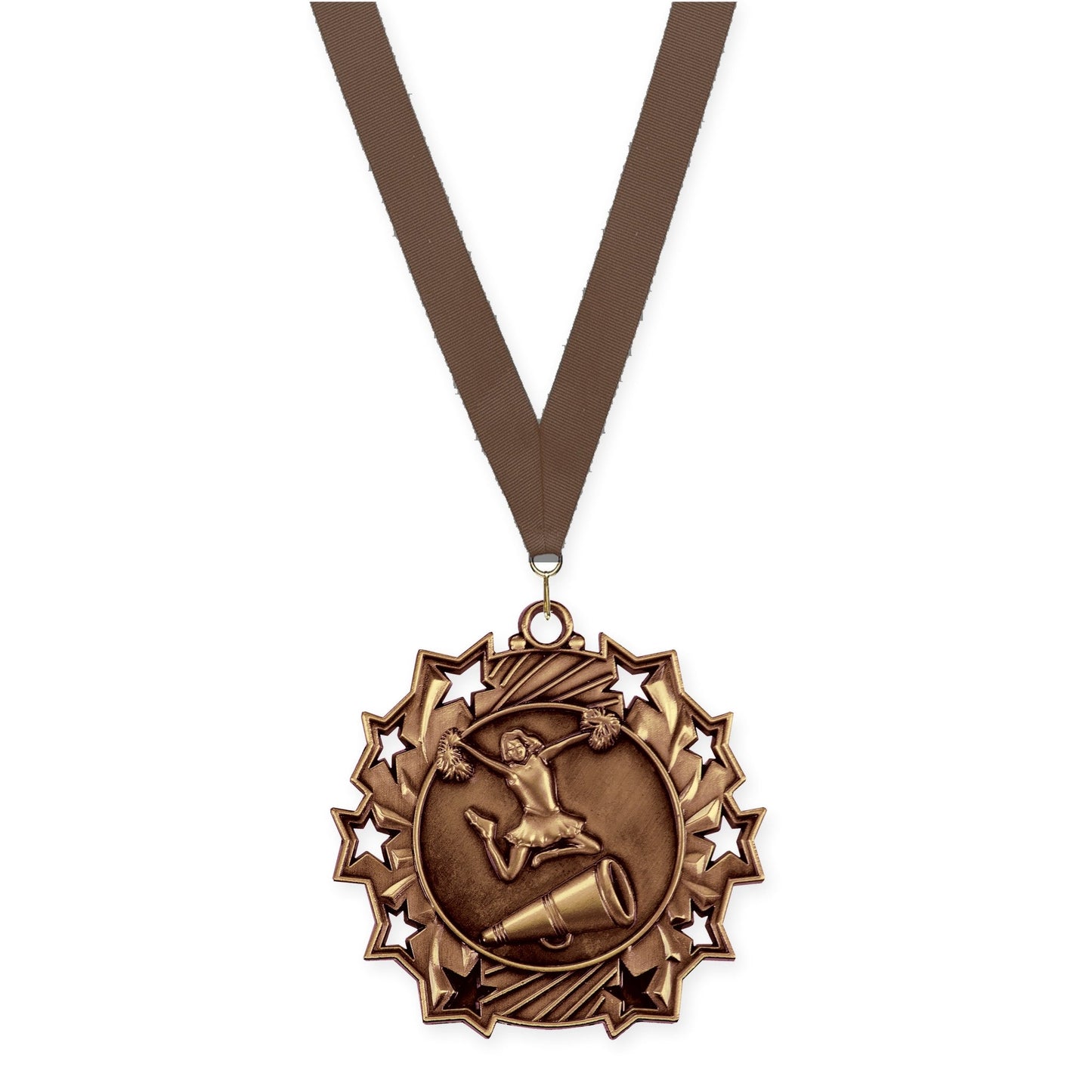 2 1/4 inch cheerleading Ten Star medal in antique bronze with Brown neck ribbon