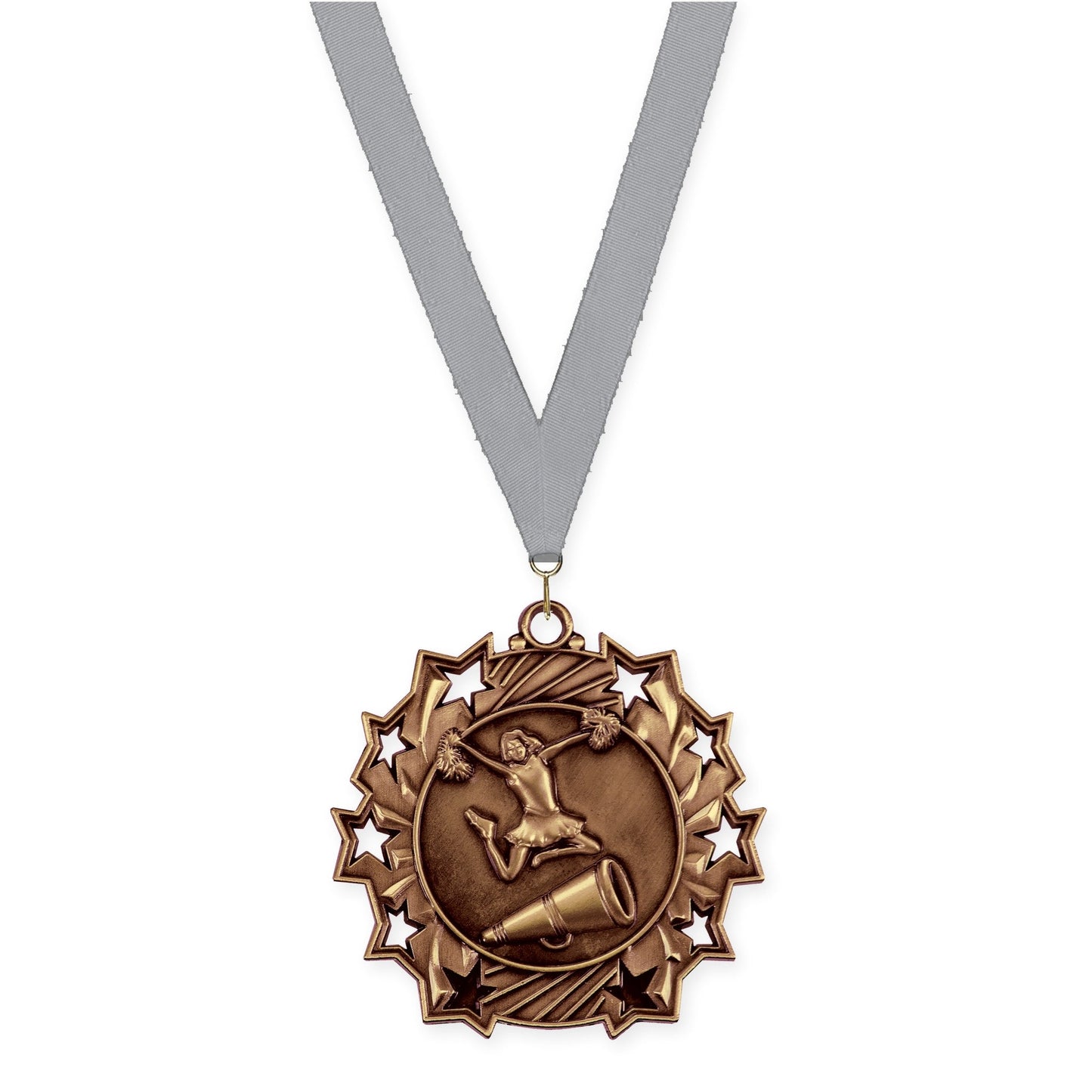 2 1/4 inch cheerleading Ten Star medal in antique bronze with Gray neck ribbon