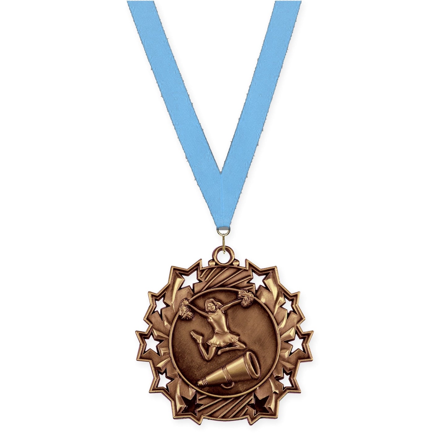 2 1/4 inch cheerleading Ten Star medal in antique bronze with Light Blue neck ribbon