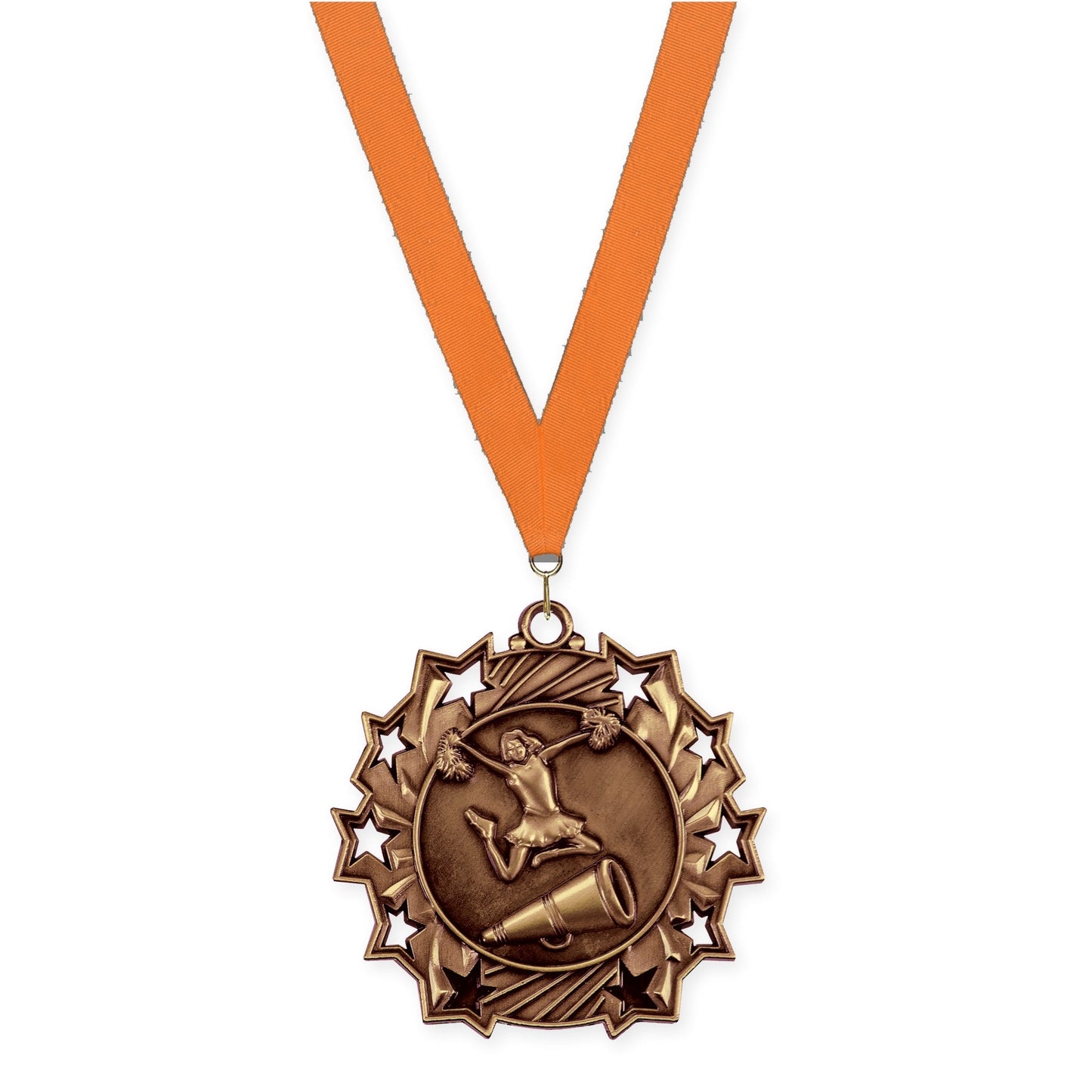 2 1/4 inch cheerleading Ten Star medal in antique bronze with Orange neck ribbon