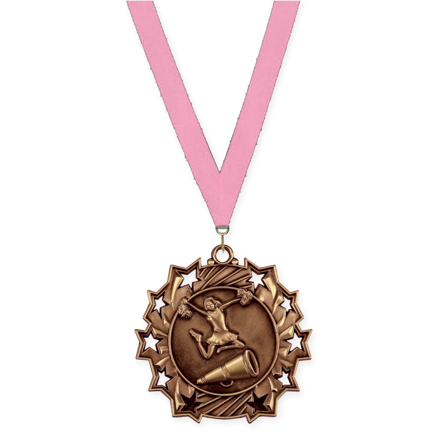 2 1/4 inch cheerleading Ten Star medal in antique bronze with Pink neck ribbon