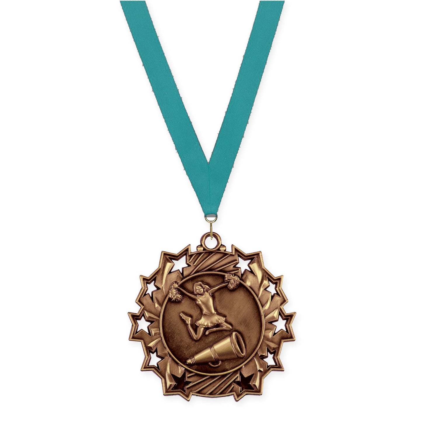 2 1/4 inch cheerleading Ten Star medal in antique bronze with Teal neck ribbon
