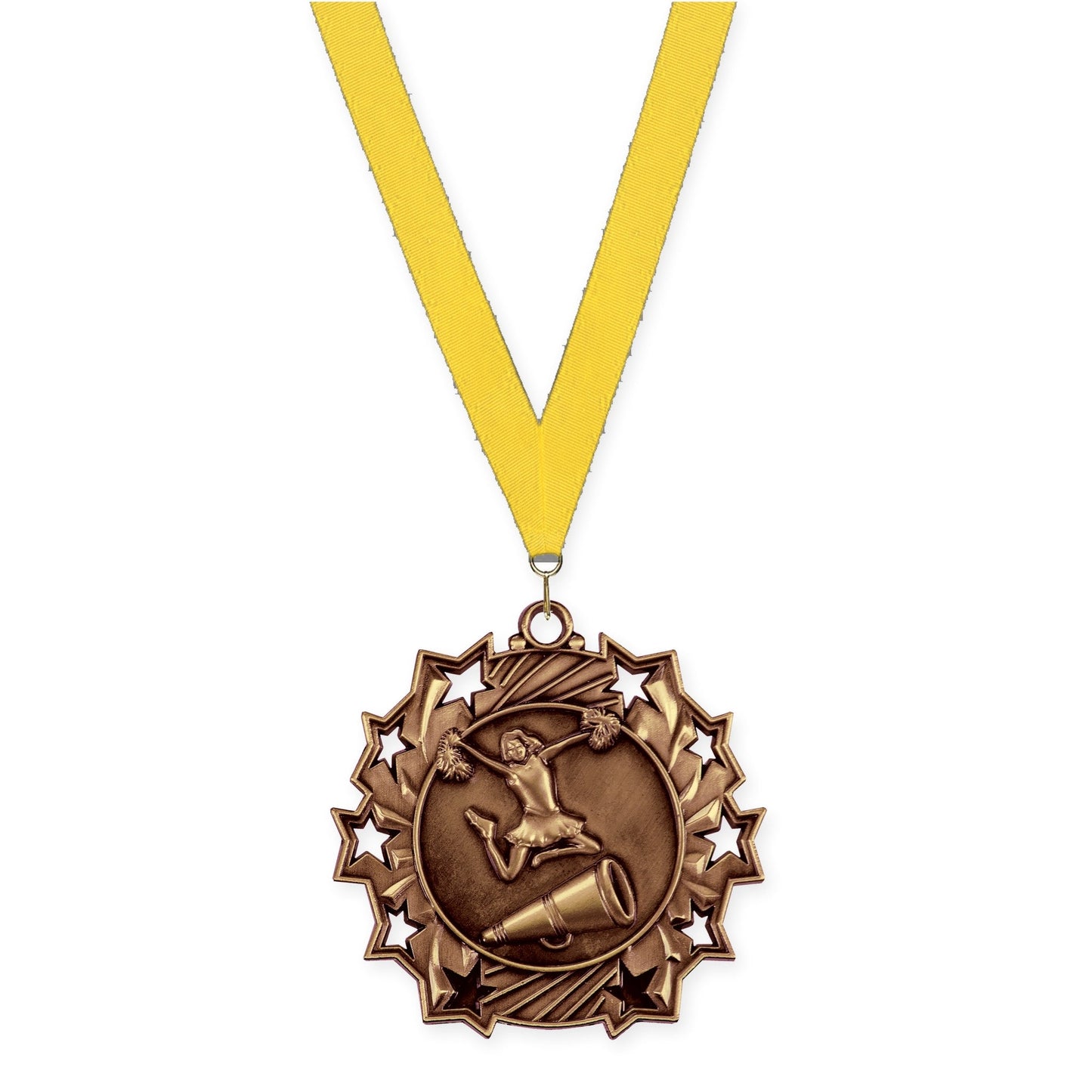 2 1/4 inch cheerleading Ten Star medal in antique bronze with Yellow neck ribbon