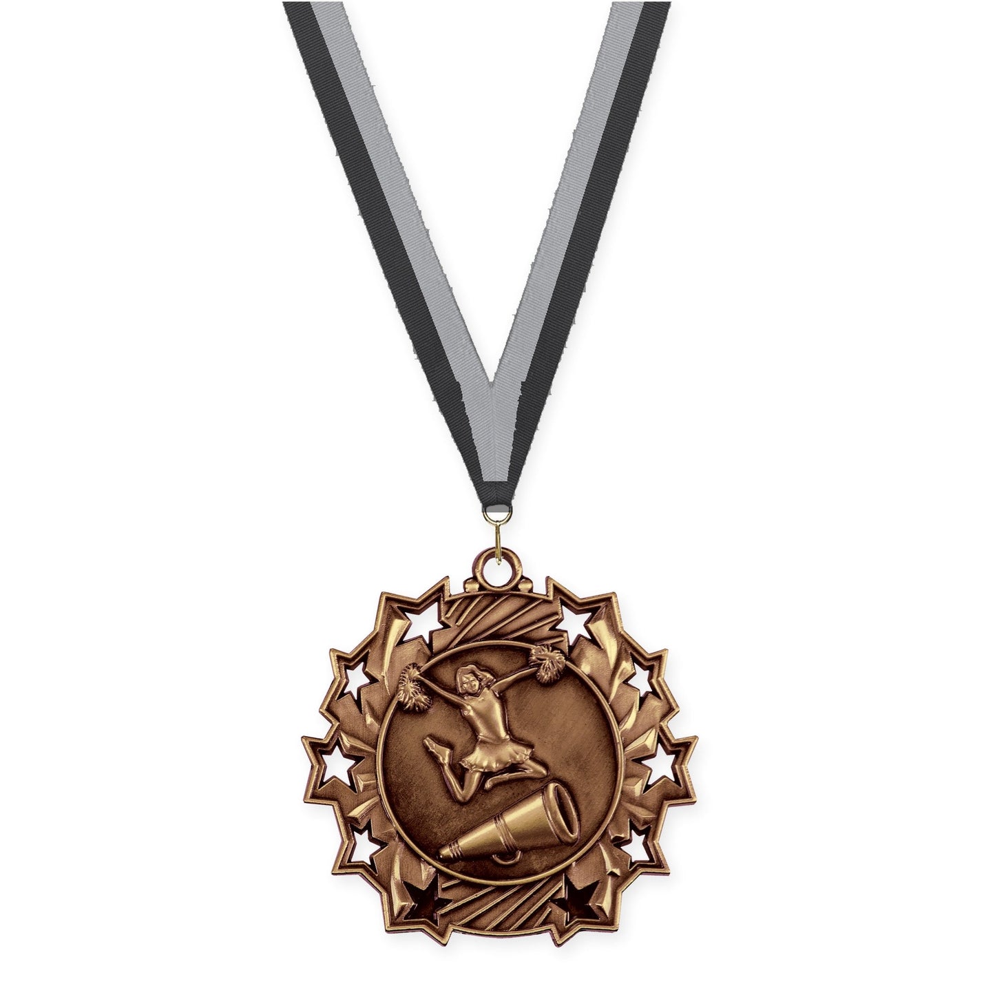 2 1/4 inch cheerleading Ten Star medal in antique bronze with Black Gray neck ribbon