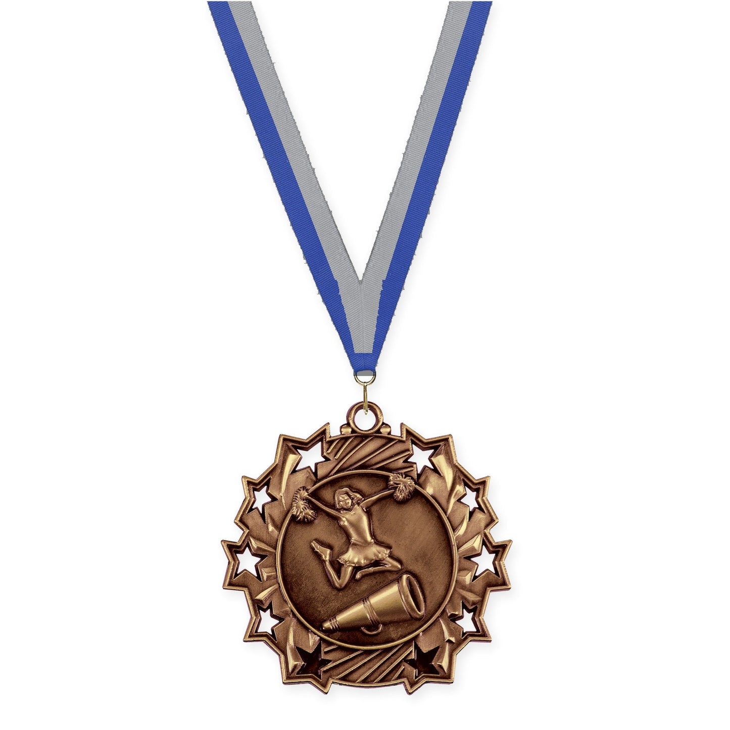 2 1/4 inch cheerleading Ten Star medal in antique bronze with Blue Gray neck ribbon