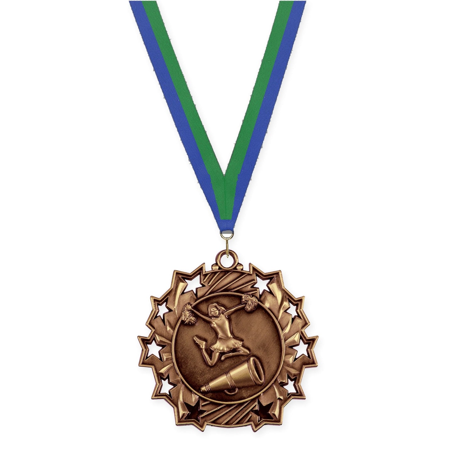 2 1/4 inch cheerleading Ten Star medal in antique bronze with Blue Green neck ribbon